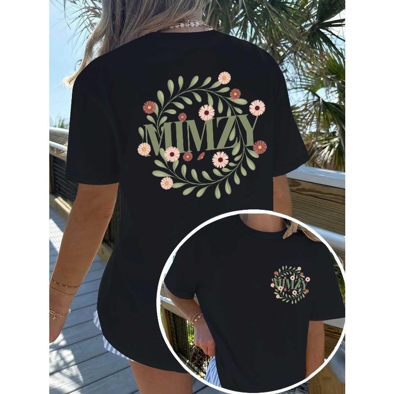 

European sizes Flowers Mimzy Botanical Letters With Daisies Women S Comfortable T-shirt | Crew Neck, Slight Stretch, Casual Style for Spring/Summer 4XL чорний