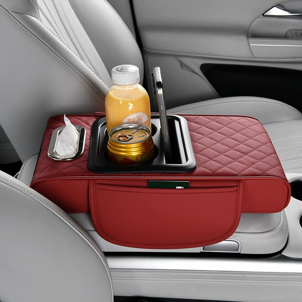 Car Center Console Armrest Cushion Thicken Arm Rest Box Pad Side Extension Cushion with Cup Holder Tissue Box Organizer Bag Universal Armrest Cover