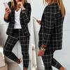 2-teiliges Set mit Mantel und Hose für formelle Anlässe für Damen, Umlegekragen, Karomuster, lange Ärmel, Jacke, schmale Passform, Hose mit elastischem Bund, lässige Alltagskleidung, Pendeln