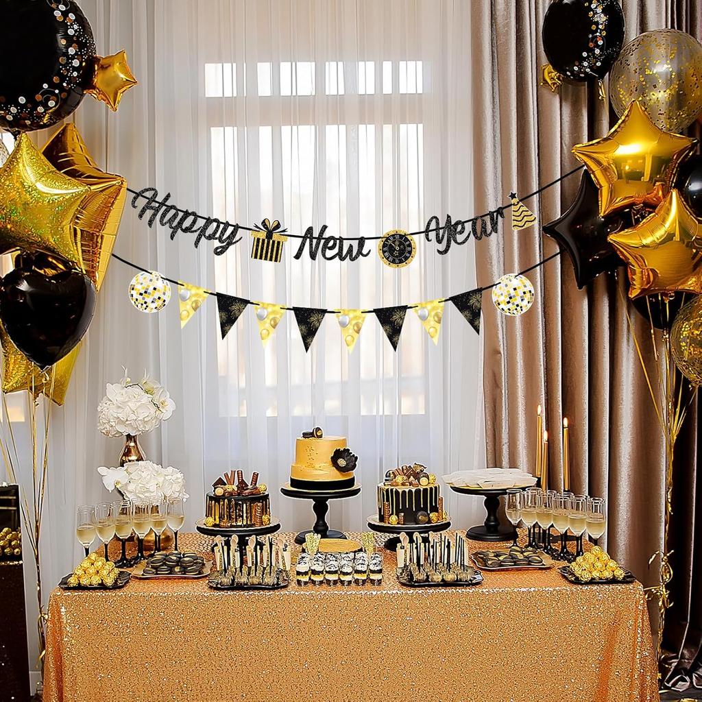 Happy New Year 2026 Banner Black Glitte Pre-Assembled New Years Eve Sign Garland Banner for 2026 NYE Party Supplies Decorations Holiday Home Hanging