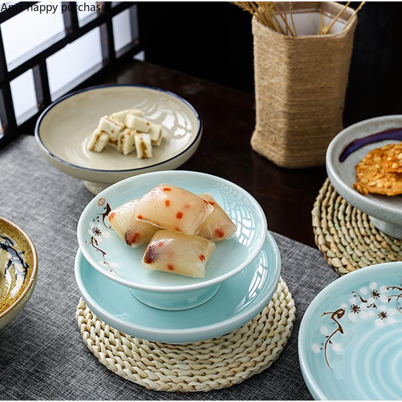 Ceramic Plate Fruit Tray Stilt Refreshment Tray Hand Painted Plum Decoration Plate Dessert Snack Dishes Salad Bowl Tableware