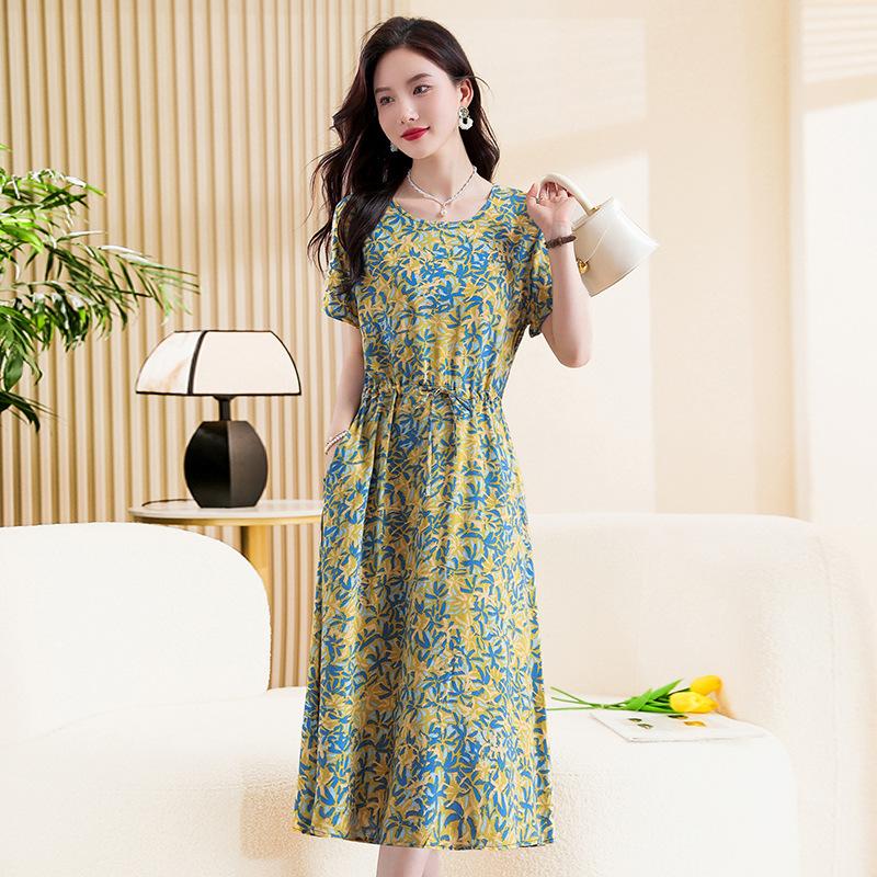Summer Half Sleeve Print Long Plus Size Dress for Women Casual O-Neck High Waist Slim Ladies Maxi Dresses