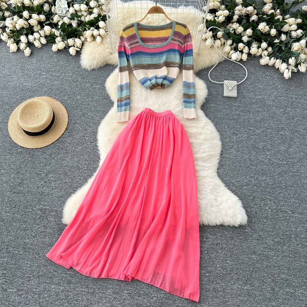 Spring Autumn Women Vintage Rainbow Striped Knitted Sweater Pullover Tops and Long Midi Pleated Skirt Two Piece Set