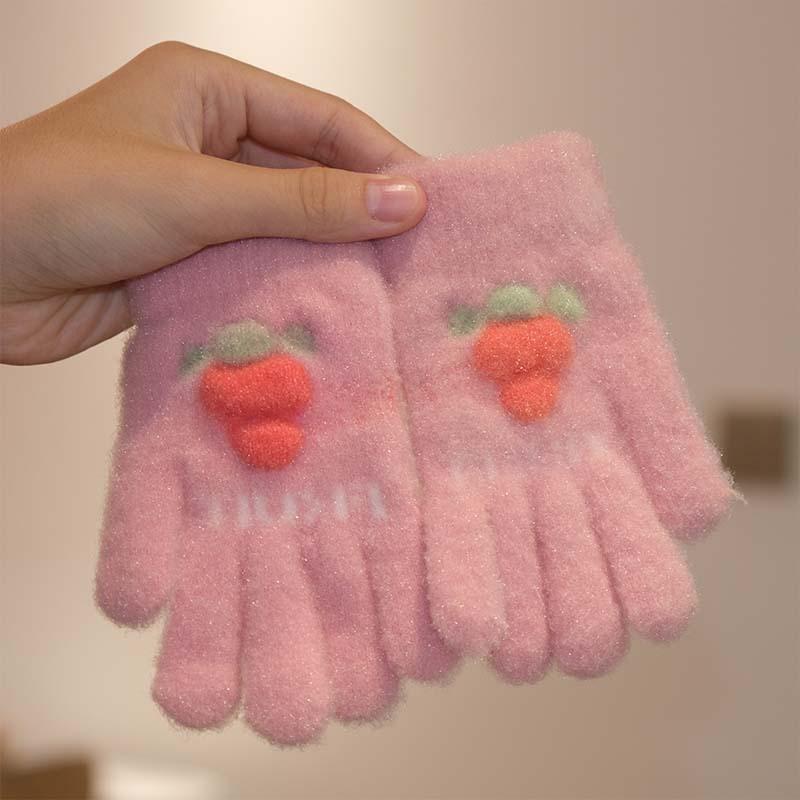 Korean version of cute cartoon children's gloves cycling cold-proof thickened warm gloves creative simple strawberry knitted gloves