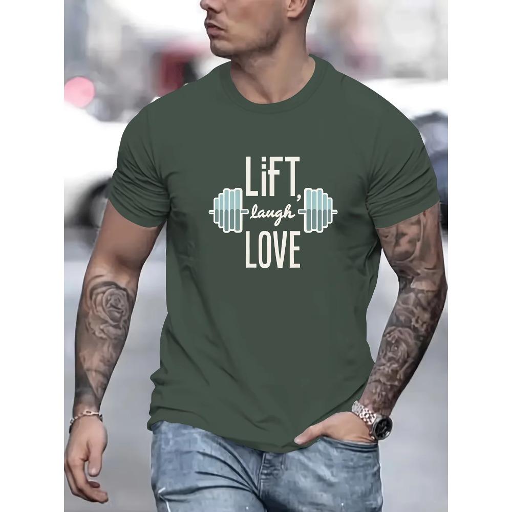 Lift Laugh Love Print T Shirt, Tees For Men, Casual Short Sleeve T-shirt For Summer