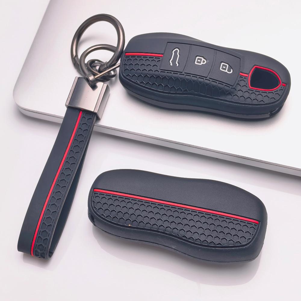 Soft Silicone Remote Key Case for Porsche Cayenne Macan Panamera 911 Boxster Cayman Taycan 718 Spyder GT3 RS with Keychain Car Remote Key Sleeve
