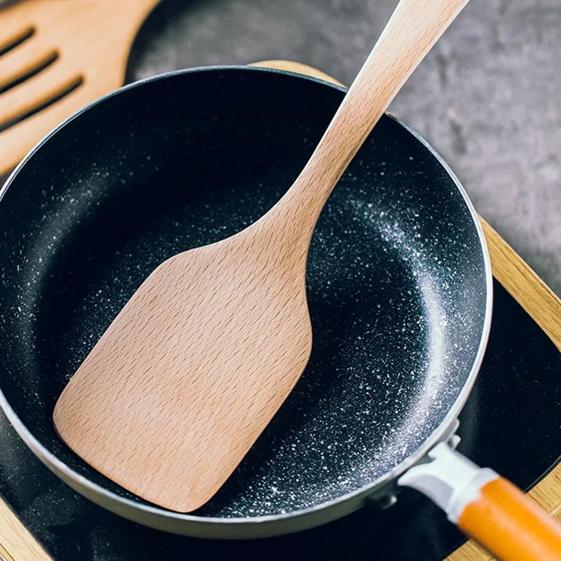 2Pcs Wooden Kitchen Spatula Nonstick Spatula Turner Set Slotted Cooking Shovel Long Handle Wok Spatula Wooden Kitchen Utensils