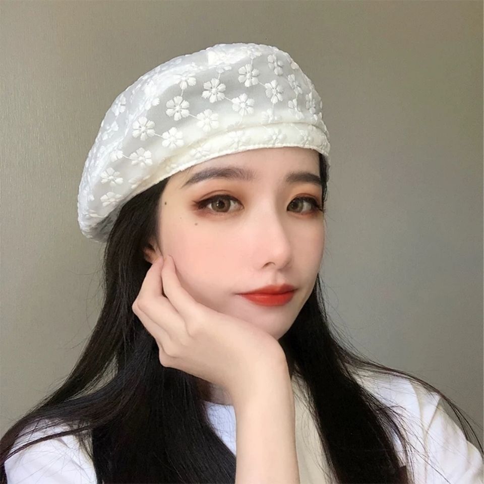 Beret Women's Summer Thin Breathable Versatile Belle Hat Sweet and Cute Flower Lace Painter Hat