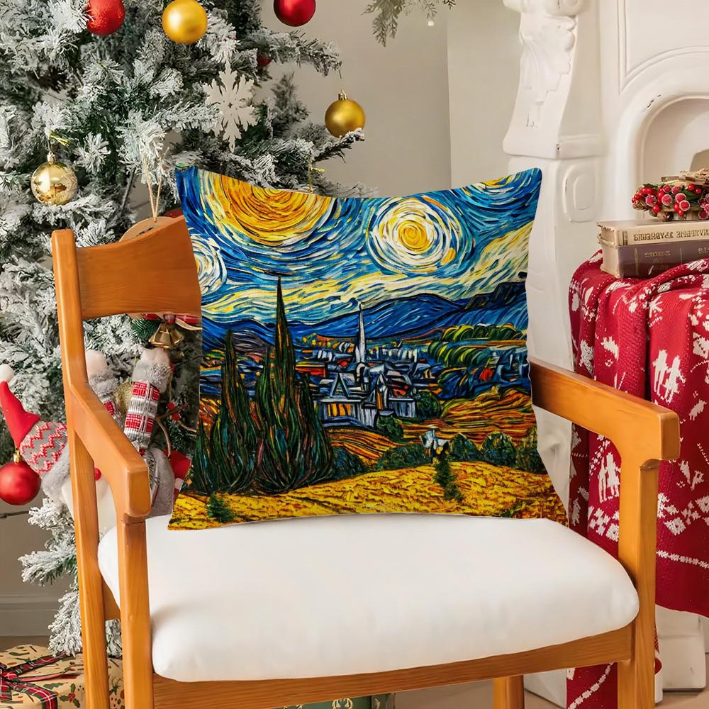 VVan Gogh Starry Sky Oil Painting Pillow Case Silky Short Plush With Invisible Zipper Dustproof Sofa Cushion Cover