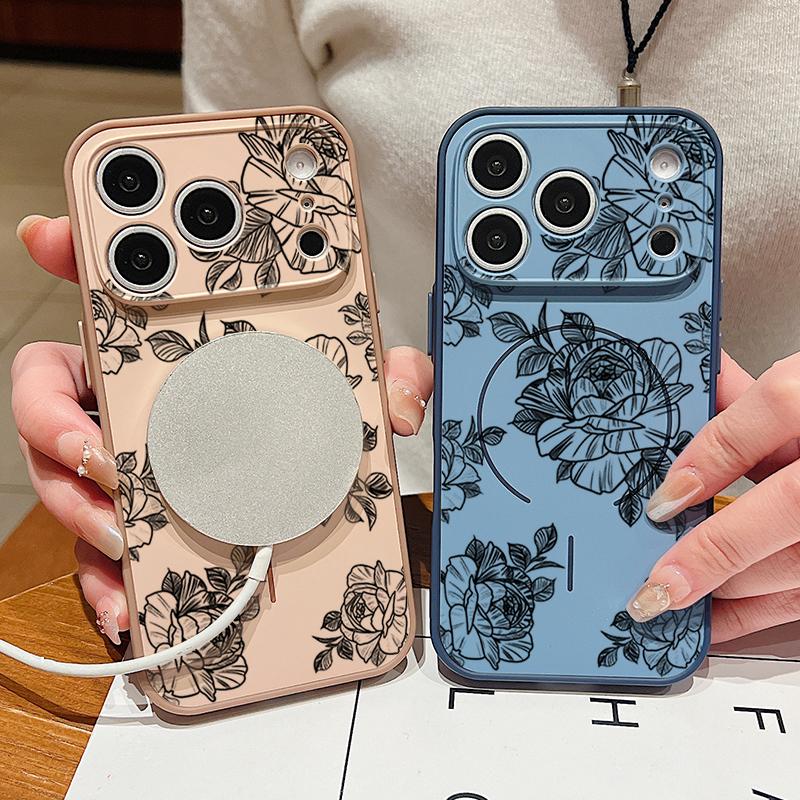 Sketching Rose Flower Pattern Case For iPhone 17 Pro Max Magnetic For Magsafe Hybrid Slim Matte Cover For iPhone 16 15 14 13 Pro Max