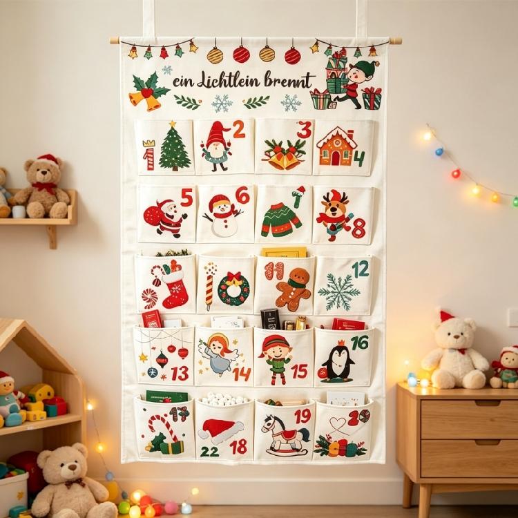Christmas Advent Calendar, Hanging Fabric Pocket Chart with 24 Numbered Compartments for Candy, Small Gift, or Holiday Messages
