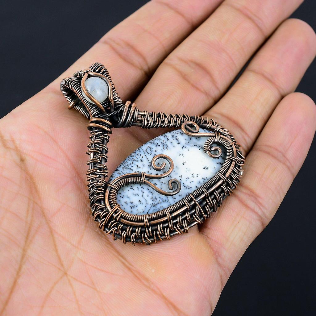 Dendrite Opal Gemstone Pure Copper Wire Wrapped Handmade Jewelry Pendant