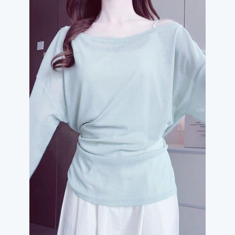 Women See Through Long Sleeve Oversize T Shirt Design Back Bandage Off Shoulder Top Female Long Tees Korean Lady