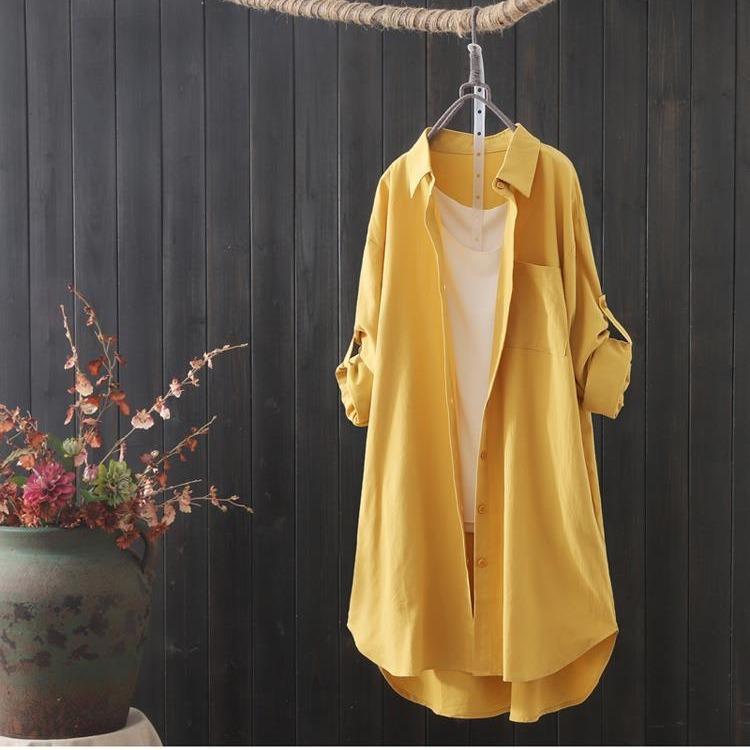 Plus Size Lösa Andningsbara Blusar Skjortor Koreanska Casual Höstskjortor Dam Enkla Enfärgade Långärmade Skjortor