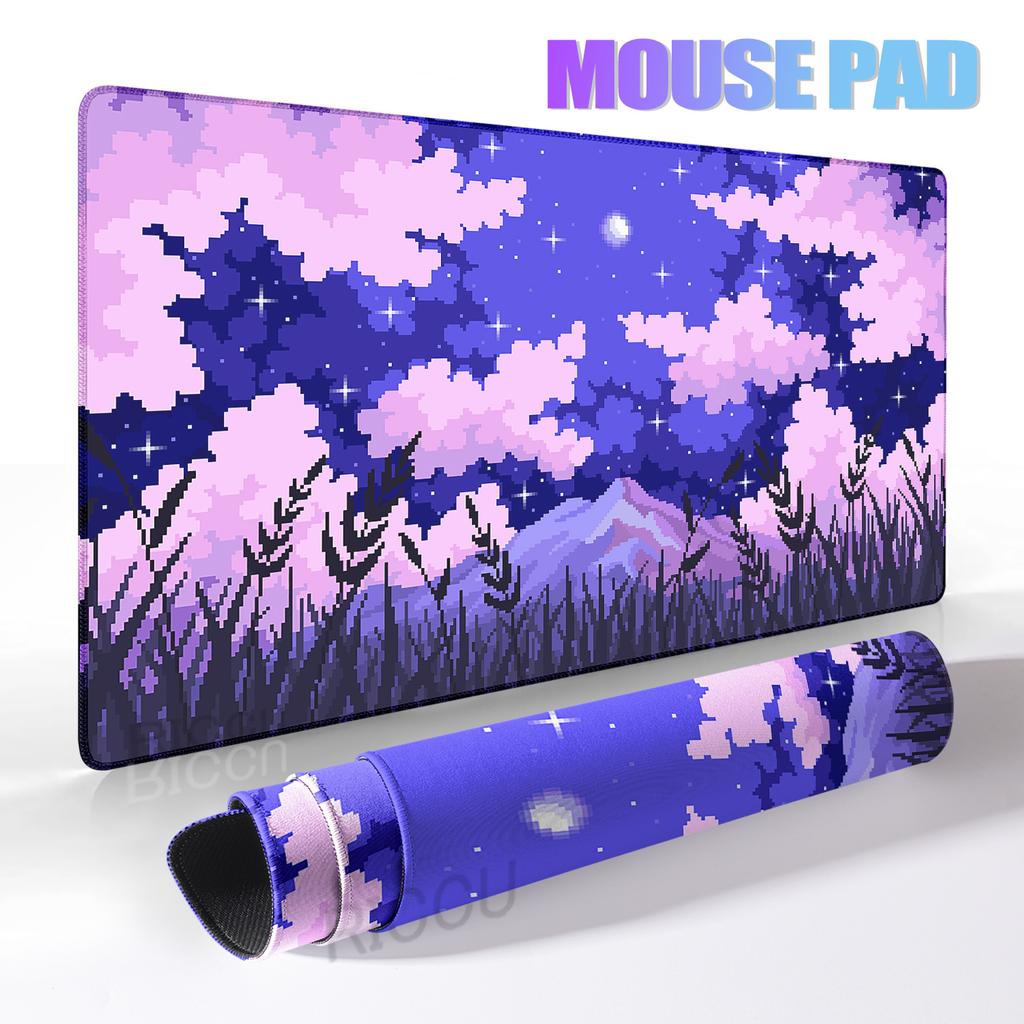 Pixel Art Cloudy Sky Mousepad Cute Mouse Pad Kawaii XXL E-Sports Desk Pad Extended Gaming Keyboard Mat Large Pink purple DeskMat