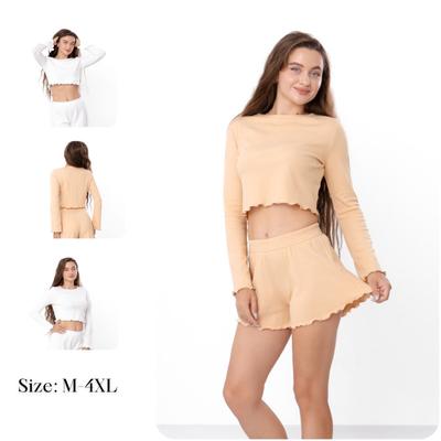 Set (women) – Soft Cotton, Long Sleeve Crop Top & Shorts, Sleepwear, Any Season, 8448-050 HC