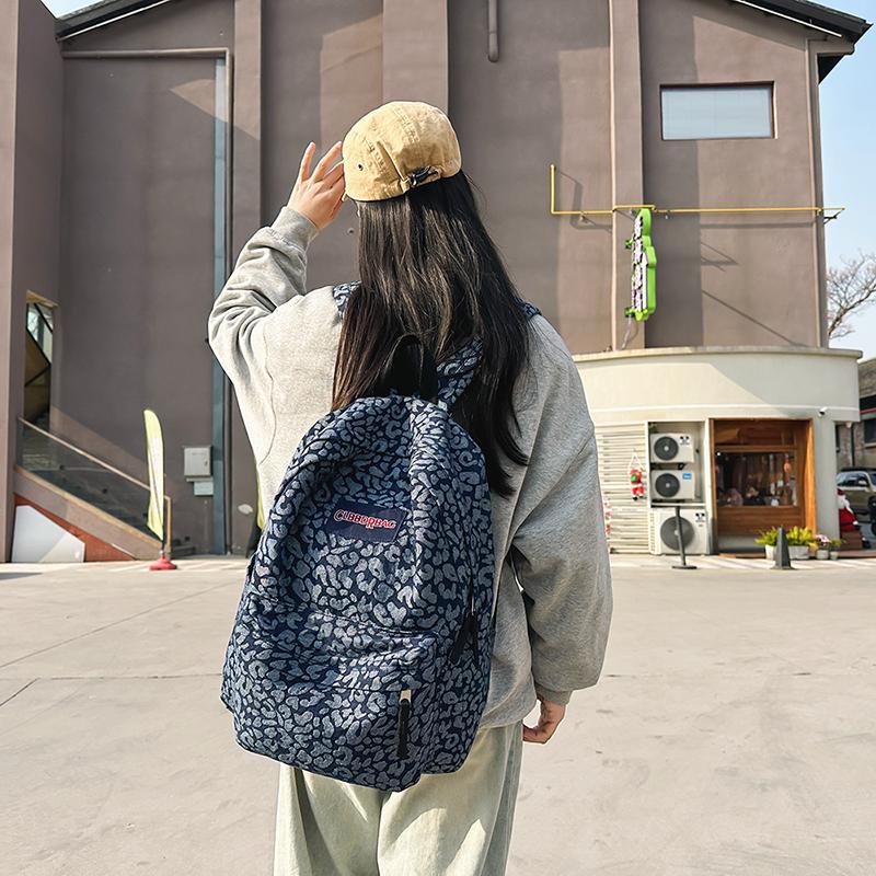 Leopard Print Denim Backpack Student Schoolbag Women Lightweight Backpack