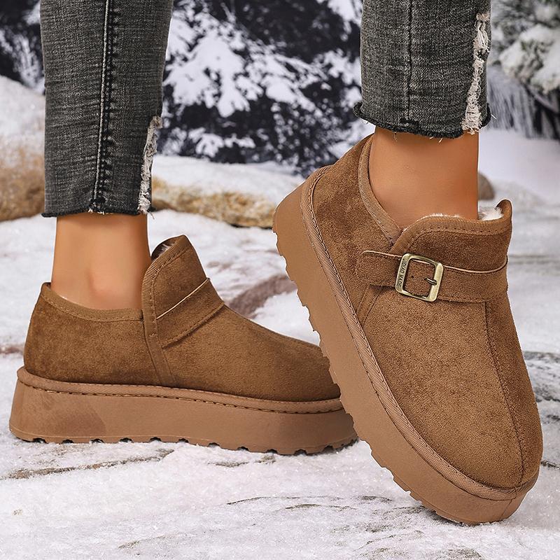 Модні зимові черевики до щиколотки на товстій підошві з прикрасою у вигляді пряжки для жінок 2025, снігові черевики на платформі зі штучної замші, жіночі бавовняні черевики на короткому плюші, що надягаються