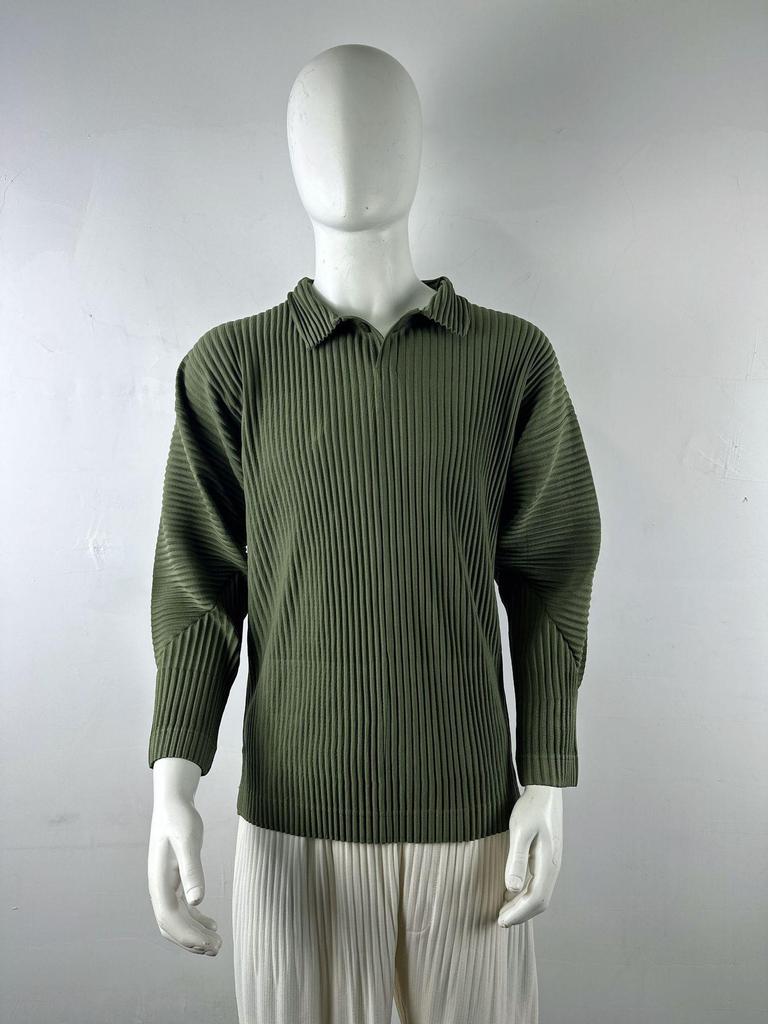 Men's Loose Fit Miyake-Style Pleated Polo Shirt - Solid Color, Long Sleeve, Classic Japanese Design