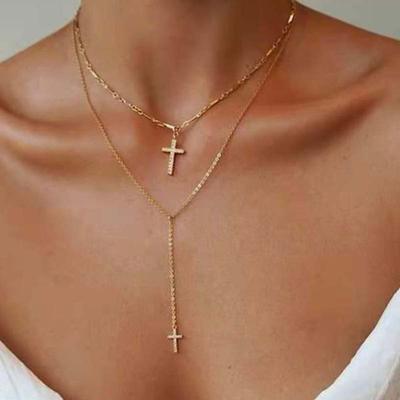 Fashion Silver Color Cross Pendant Necklaces For Women Simple Metal Double Layered Neck Chain Necklace Statement  Jewelr