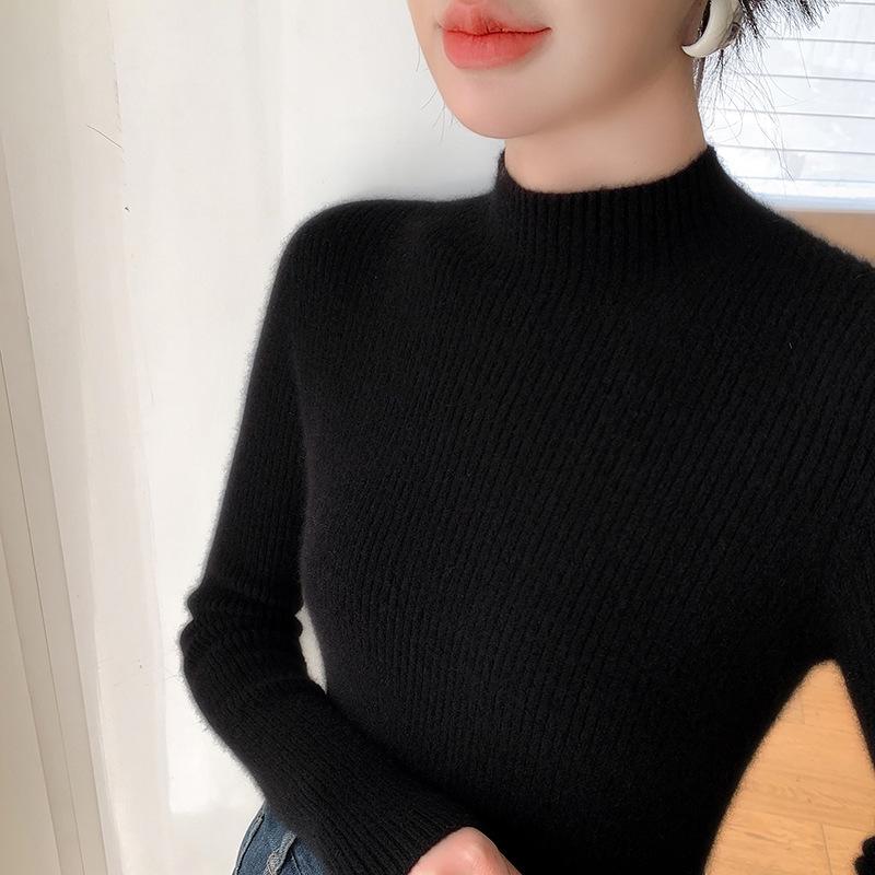 Women's Angora Red Slim-Fit Cashmere Sweater: New Autumn/Winter Style, Thickened Half-High Collar.