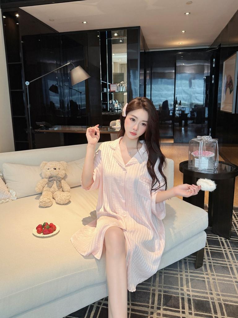 Summer striped print nightdress female boyfriend wind shirt skirt early spring ice silk sweet loose comfortable short-sleeved loungewear