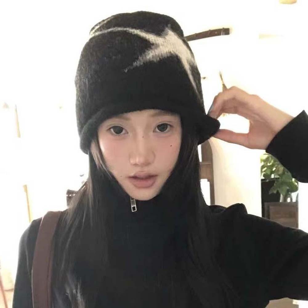 Streetwear Jacquard Woolen Hat Elastic Y2K Pullover Cap Fashion Star Knitted Hat  Women