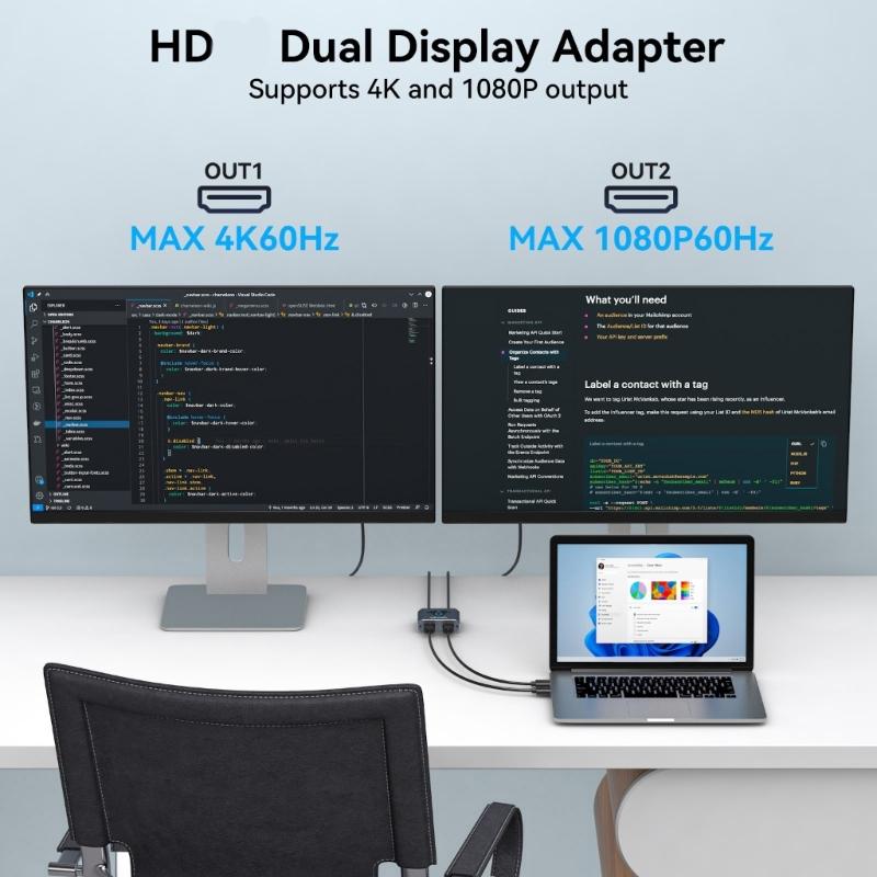 4K HDTV Splitter Adapter 1 In 2 Out for Double Monitor Setup Offering Mirror and Extended Displays for Laptop and PC