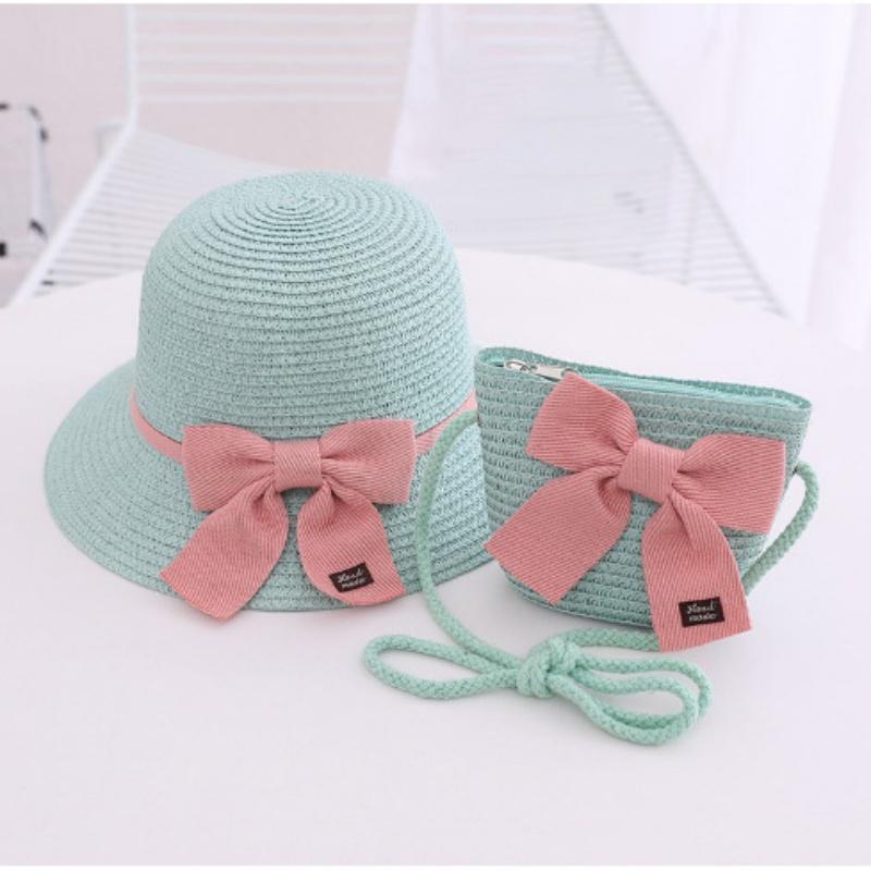 New Summer Baby Girls Straw Hat And Shoulder Bag 2pcs Set Parent-child Wide Brim Lace Holiday Beach Sun Hats Outdoor Bucket Cap