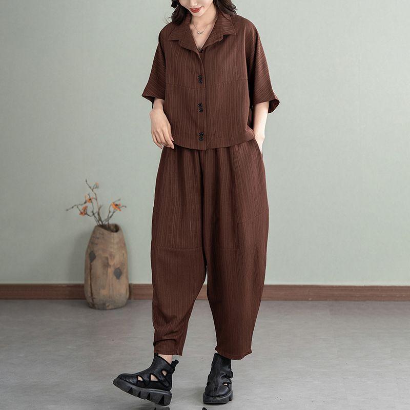 

Women s Spliced POLO Collar Button Casual Fashion Loose Top Temperament Shirt Short-sleeved Suit 4XL темно-коричневого кольору