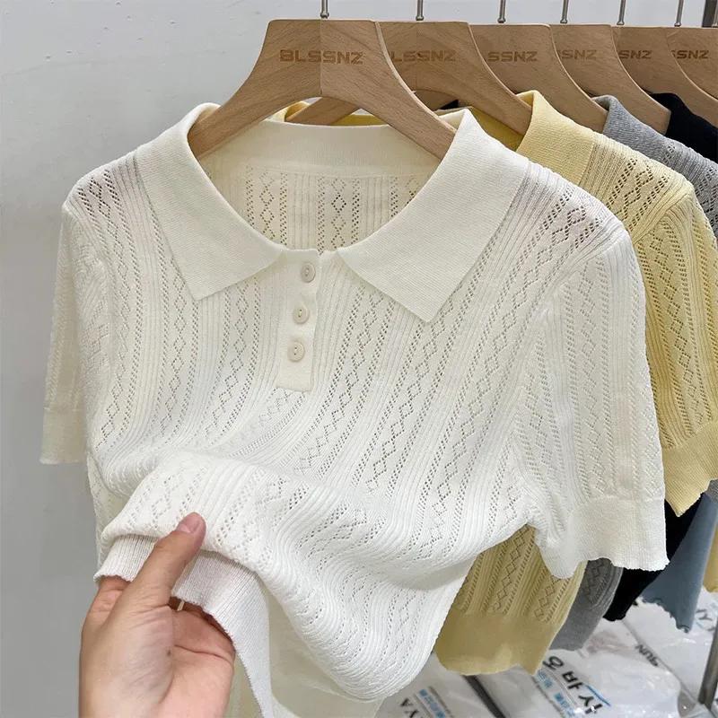 Women's Summer Solid Short-Sleeve Top with Lace-Up Collar Knit Sweater