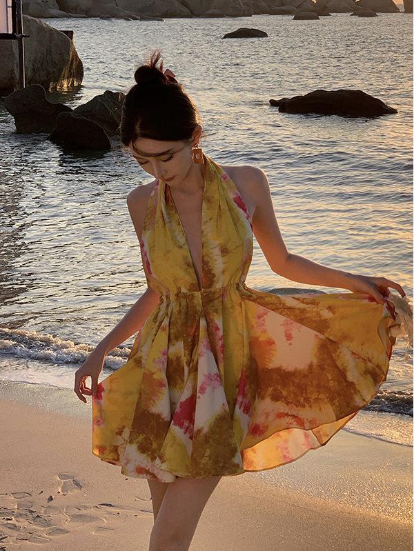 Sunny Yellow Halter Mini Dress - French Style, Fairy-Inspired, Sexy Backless Design, Perfect for Slimming Vacation Looks