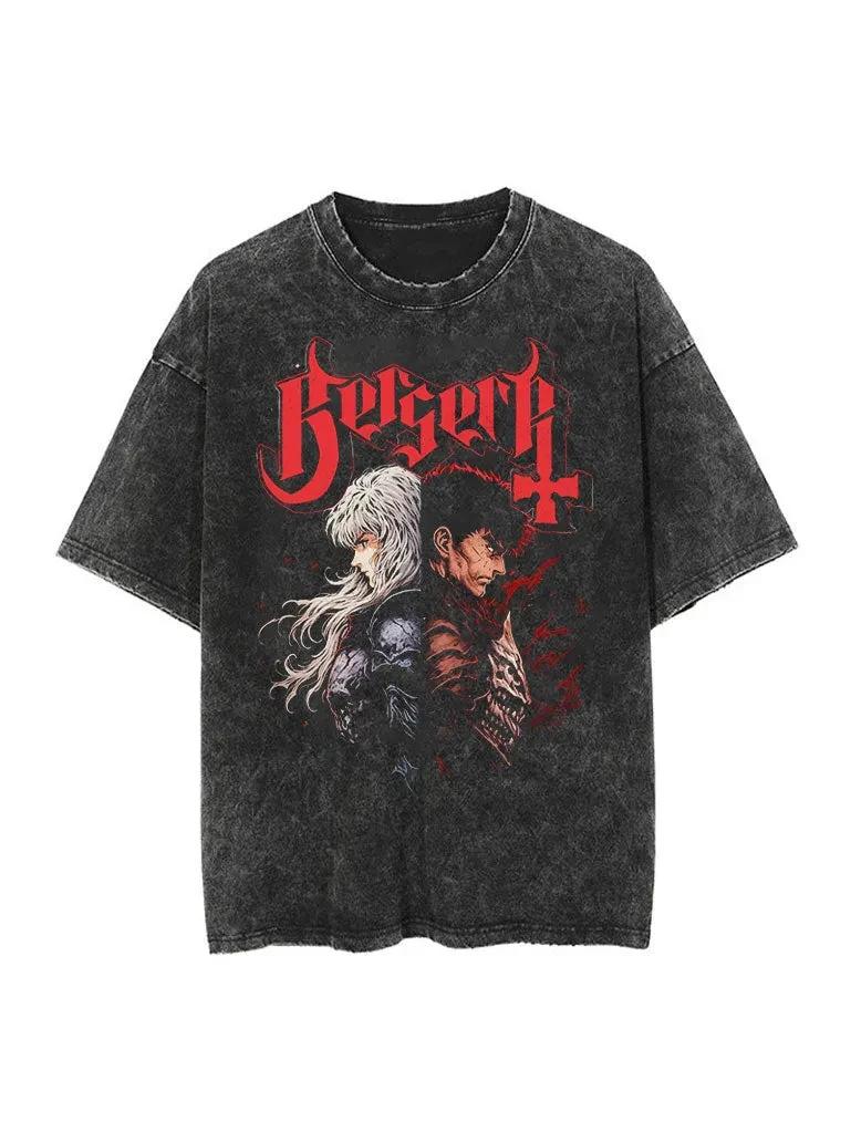 Berserk Animation Derivatives Guts Printing Retro Washed Short-sleeved T-shirt Men's and Women's 2026 Summer Fashion Clothing