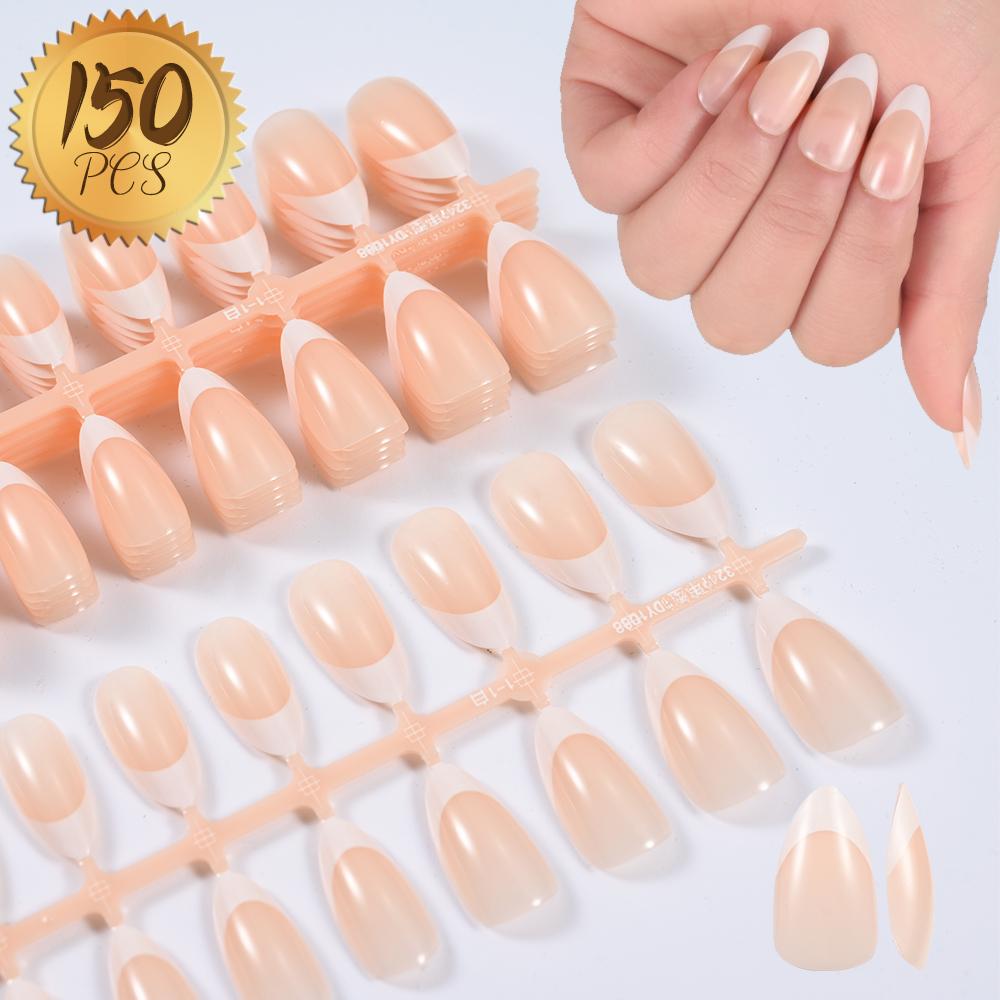 120/150pcs Nude French Almond Tips Press on Nails Pre-applied Tip Primer Soft Gel Tips 15 Sizes Short Extension Tip 17-24mm