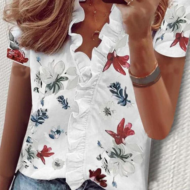 Frühling und Sommer Neues Kurzarm Rüschenhemd Mode Damen Bluse
