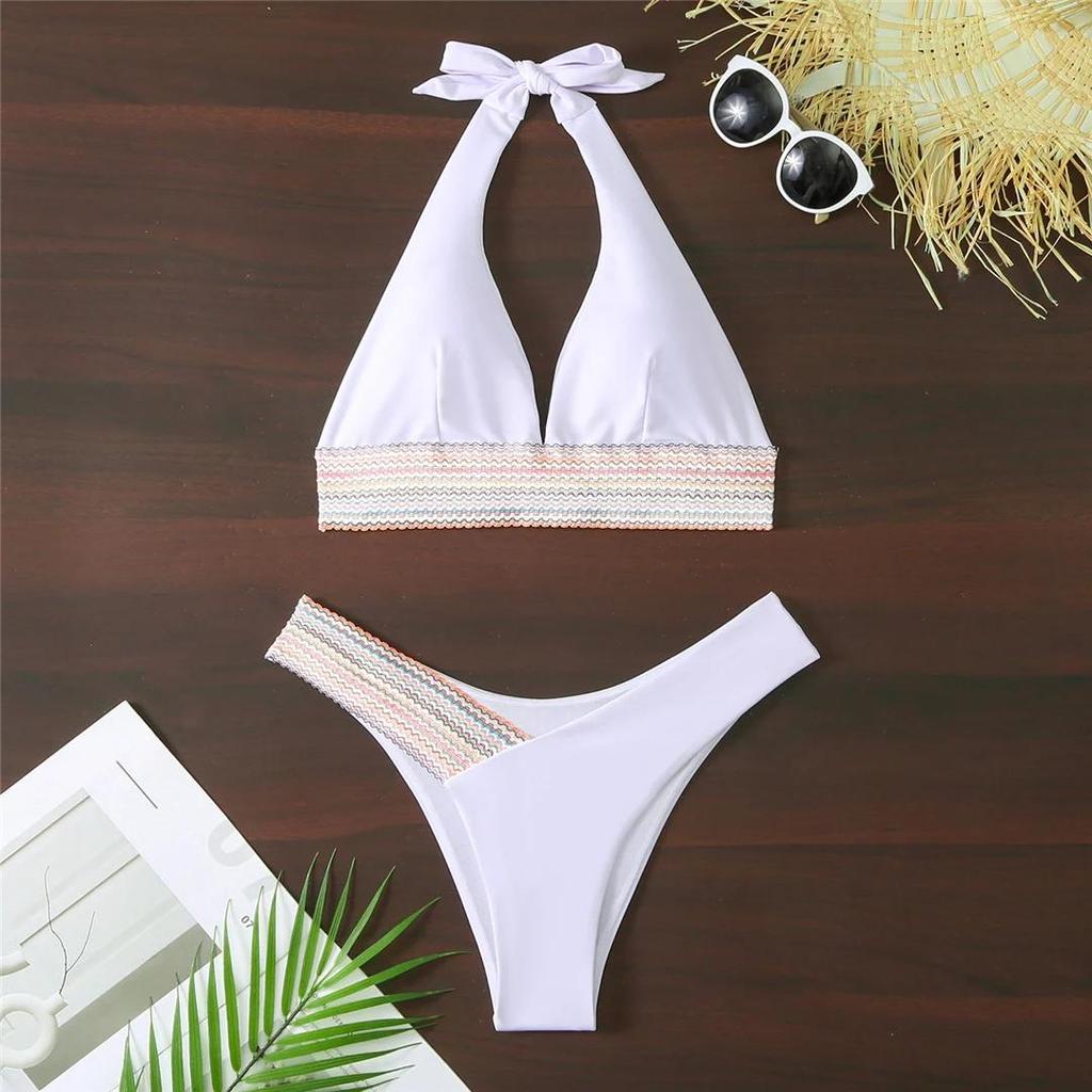 S - XL 5 Color Splicing Halter V Neck Bikini Female Swimsuit Women Swimwear Two-pieces Bikini Set Bather Bathing Suit Swim