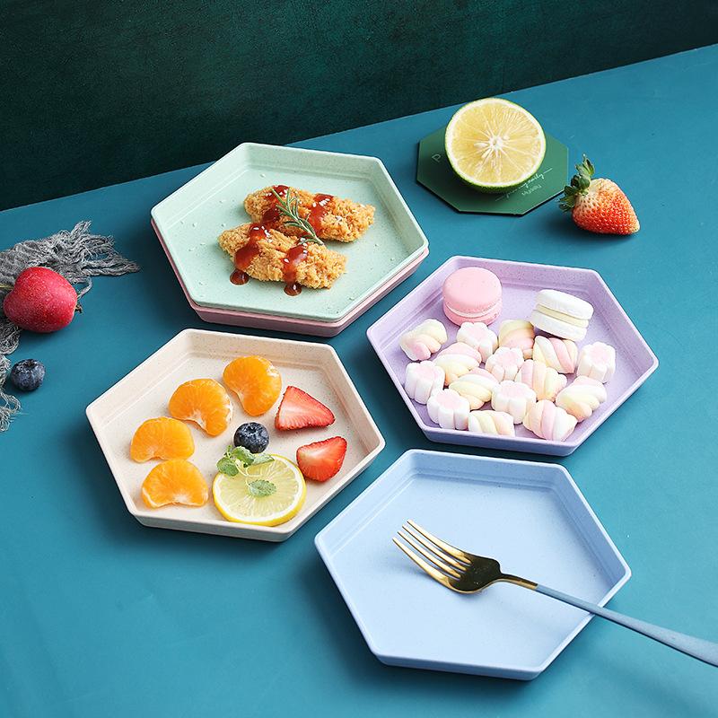 Wheat Straw Plate Household Creative Hexagonal Plate Fruit Plate Cute Small Vegetable Plate Japanese Platter Dining Table