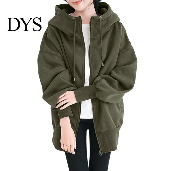 Loose Fit Women Jacket Thick Coat for Autumn Winter Warmth Solid Color Mid-Length Fleece Lightweight with Pockets Zipper Hooded Daily Wear Comfortable
