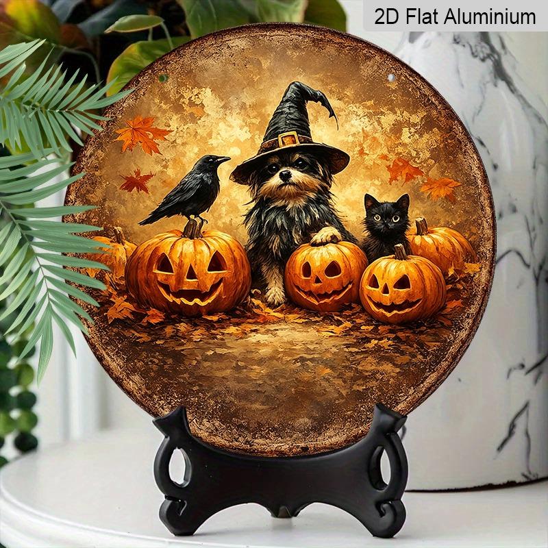 2D Flat 1pc/2pcs, Decorative Plaques and Ornaments Sign, Aluminum Hanging Sign, Black Cat, Crow & Pumpkin Lantern Vintage Print, Autumn Harvest Home