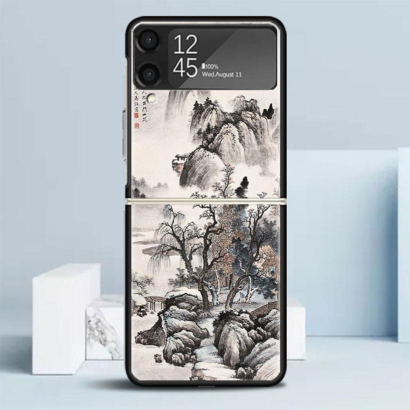 Chinese Style ink Painting Art Black Cover for Samsung Galaxy Z Flip 7 6 5 4 3 5G Phone Case Flip7 Flip6 Flip5 Flip4 Flip3 Patte