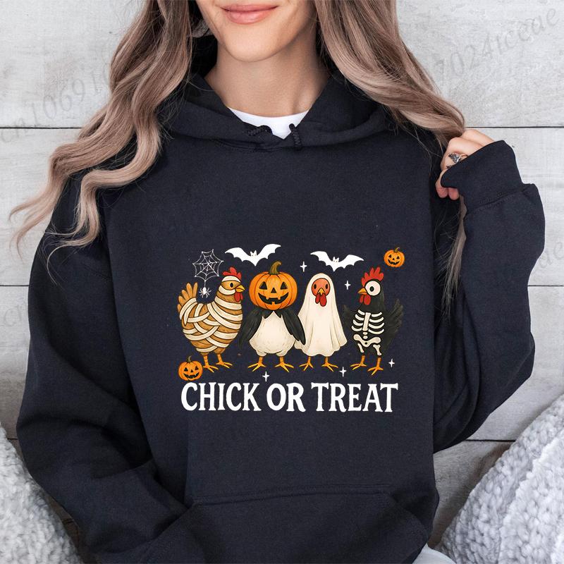 Halloween Chick or Treat Print Women  Hoodie Halloween Funny Chicken Graphic Hoodies Horror Spooky Season Sweatshirt Tops
