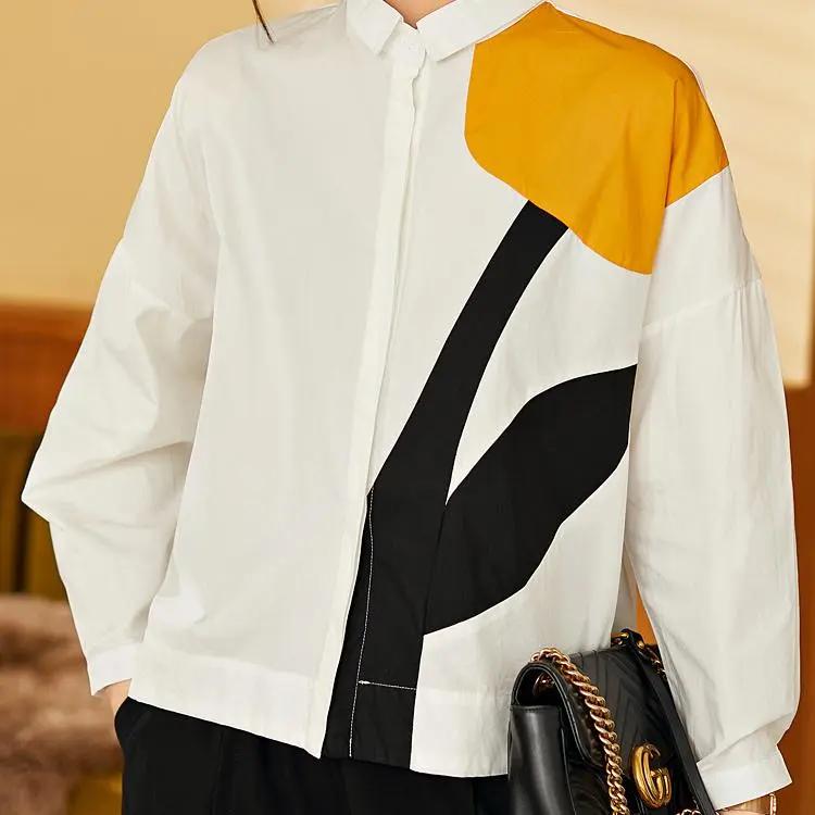 Fashion Printed Shirts Women Patchwork Design Long Sleeve Shirt Casual Loose Oversize Blouse Spring Summer Trend Thin Shirt