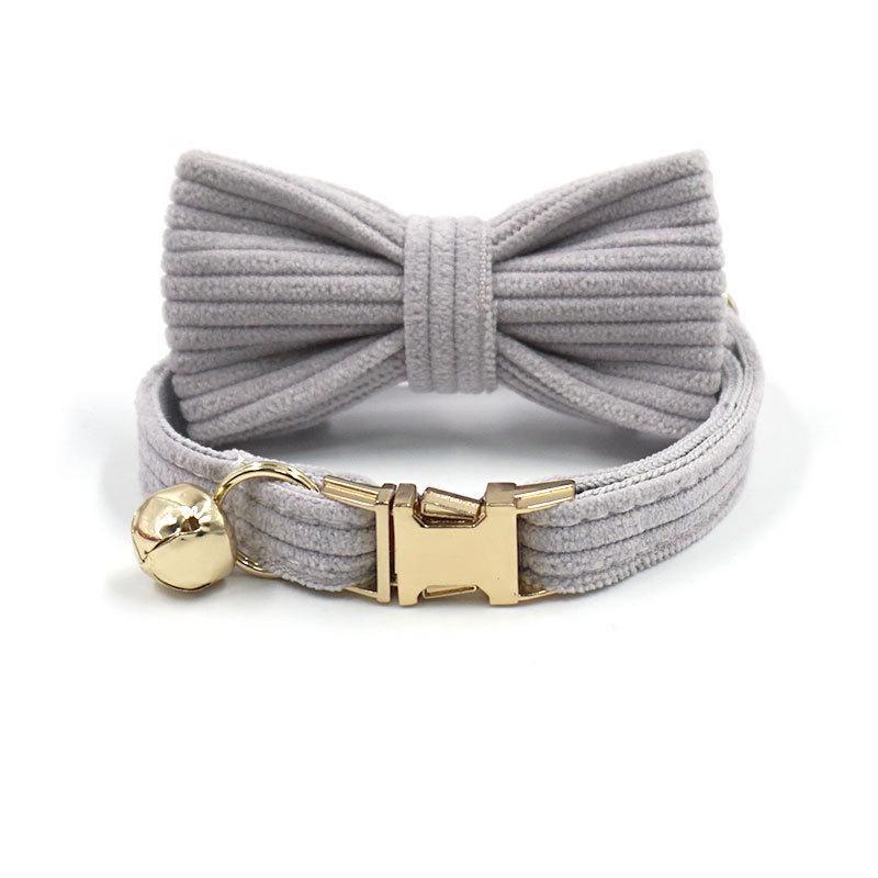 Corduroy Cat Collar with Cute Bell & Handsome Bow, Laser Engraved L (Light Gold Buckle)