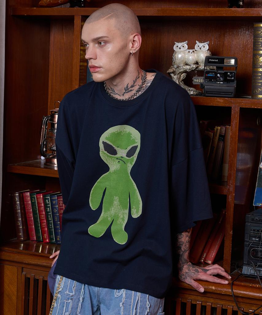 HOODHOOD Alien Graphic Oversized Short Sleeve T-Shirt Navy