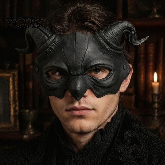 Gothic Cosplay Mask Halloween Ram Horn Demon Mask, Horror Devil Half Face Half-face Lightweight Masquerade for Costume Party Horned