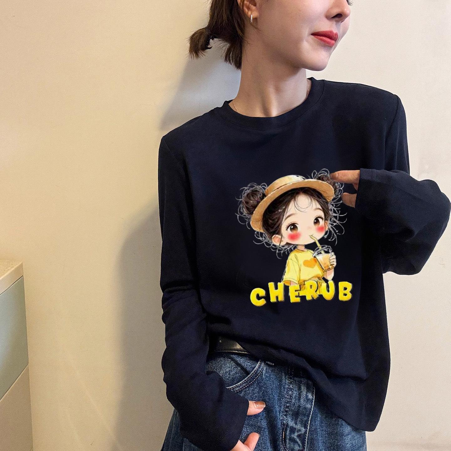 European Style Cartoon Girl Print Long Sleeve Women s T-Shirt - Autumn/Winter Base Layer Trendy Top L темно-синий