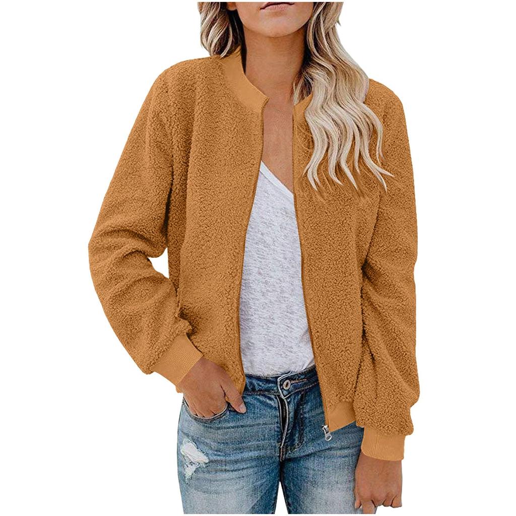 Women's Fashionable Warm Shearling Jacket With Zip-Up Solid Colour Outerwear