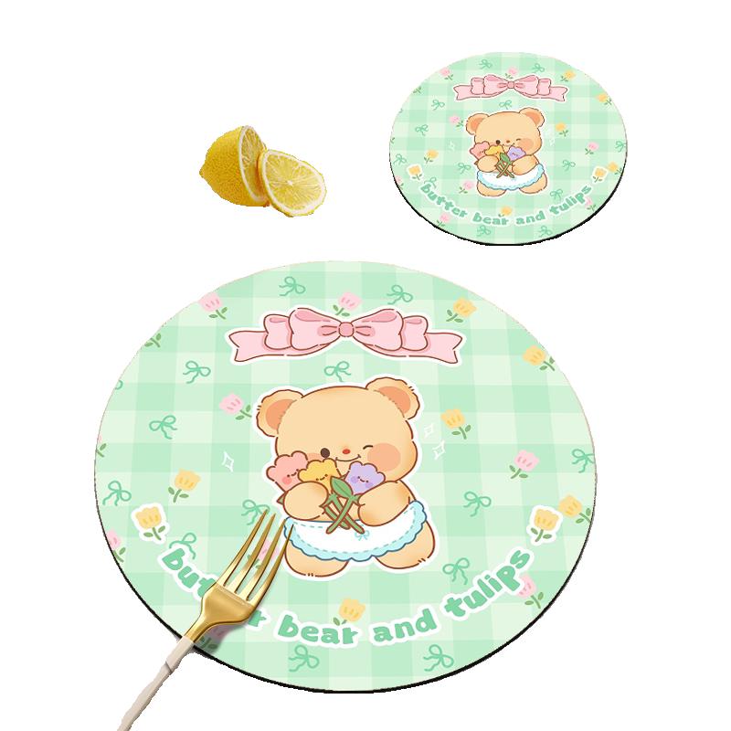 Cute Bear Rubber Coaster Round Heat Insulation Anti Slip Cup Mats Absorbent Reusable Pad Kitchen Items Accessories Decoration