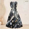 Women Plus Size Abstract Geometric Printed Two Piece Set Three Quarter Sleeve Open Front Cardigan Sleeveless Crew Neck Tie Waist Flared Dress