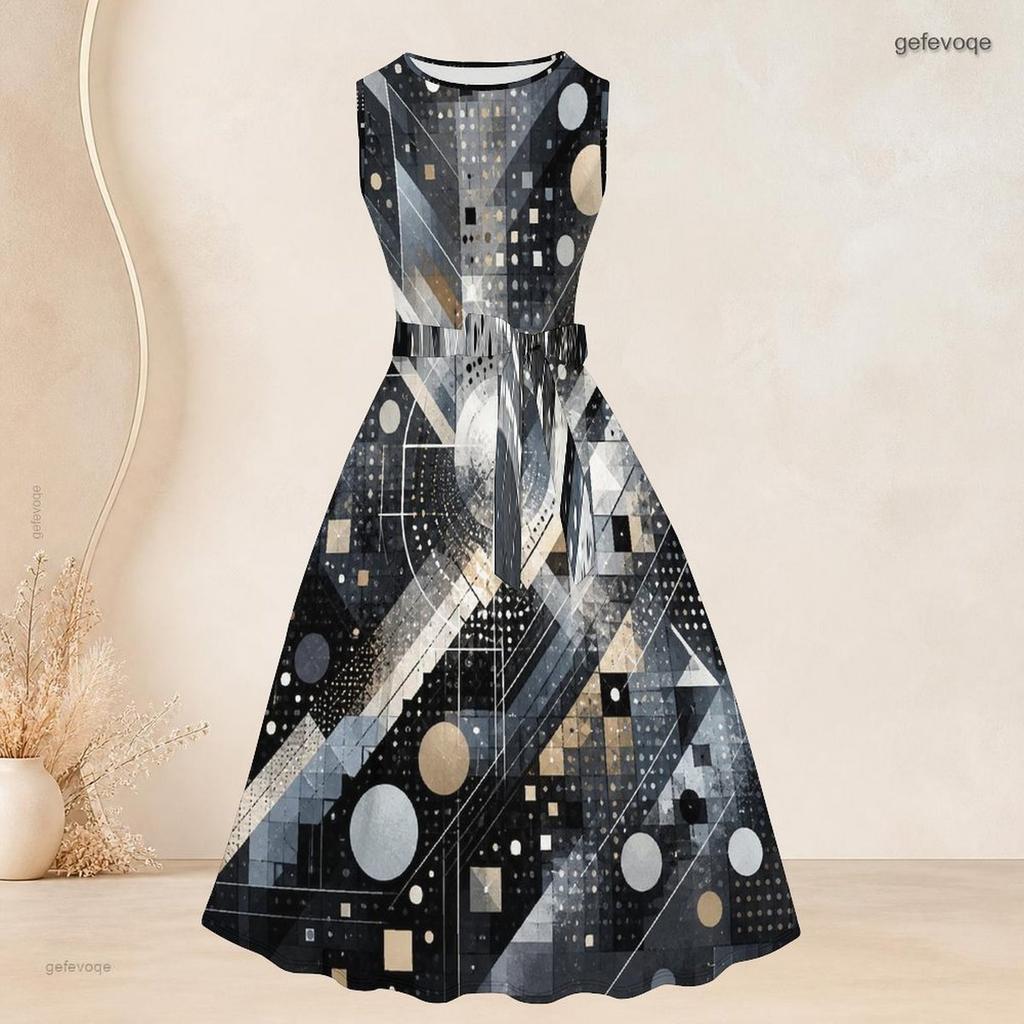 Women Plus Size Abstract Geometric Printed Two Piece Set Three Quarter Sleeve Open Front Cardigan Sleeveless Crew Neck Tie Waist Flared Dress